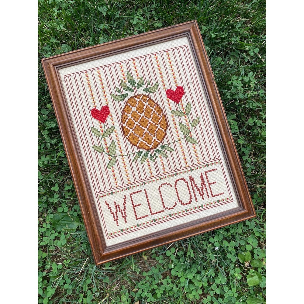 Elsa Williams needle crafted beaded pineapple welcome sign framed